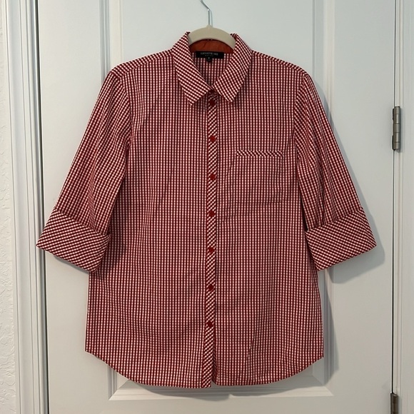 Lafayette 148 New York Paget Red White Gingham Cotton Button Down Shirt Size M - Picture 3 of 13